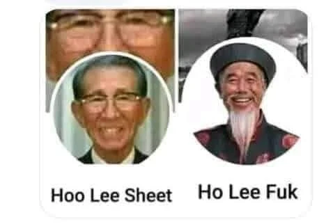 Hoo Lee Sheet and Ho Lee Fuk Facebook profiles meme