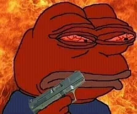 Angry Pepe the frog turned red and holding a gun meme