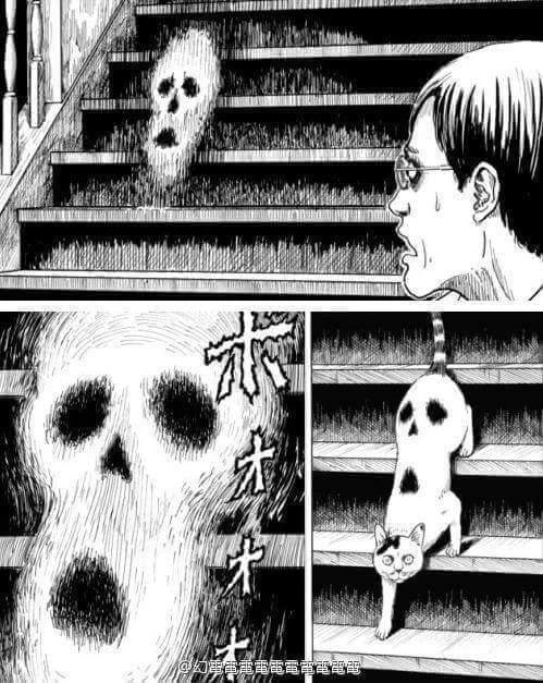 Frightened man seeing a cat crawling down stairs looking like a ghost