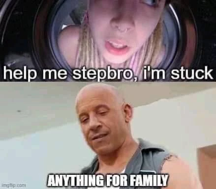 Help me step bro I'm stuck. Anything for family Vin Diesel meme